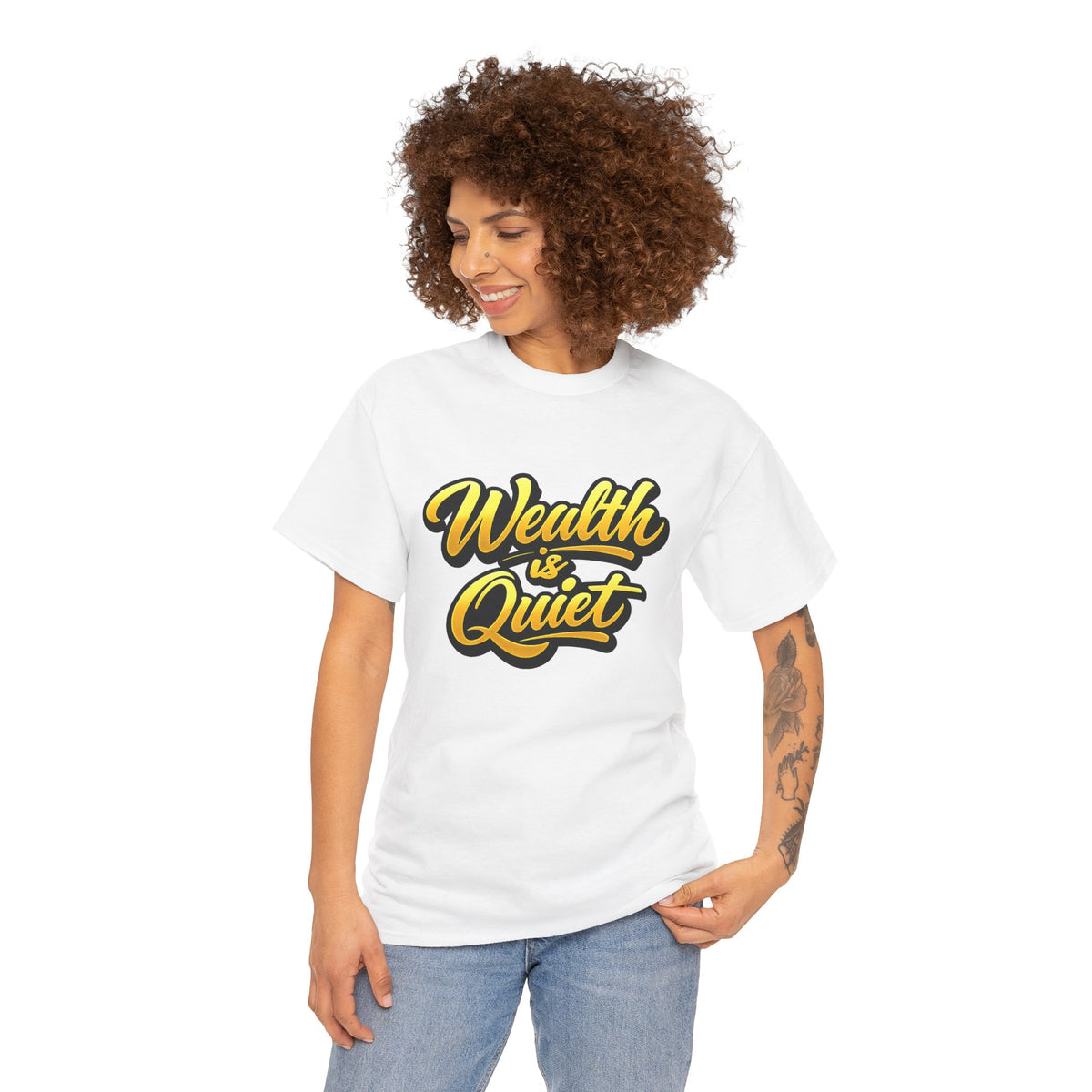 Wealth Is Quiet Graphic Tee — Bold Yellow Script Money Quote T-Shirt