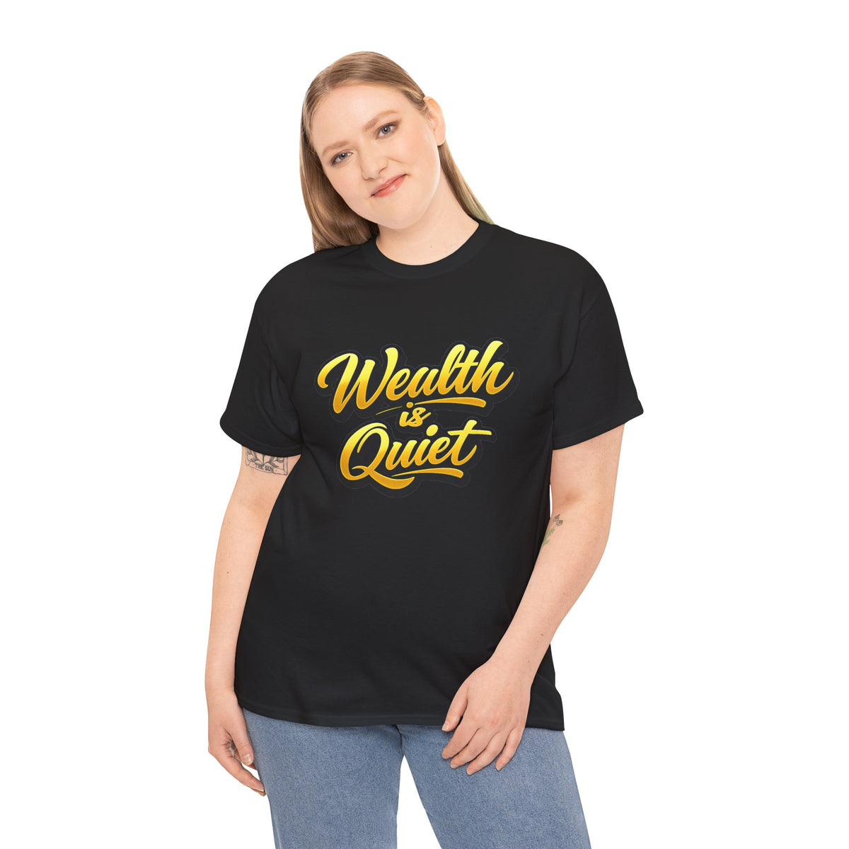 Wealth Is Quiet Graphic Tee — Bold Yellow Script Money Quote T-Shirt