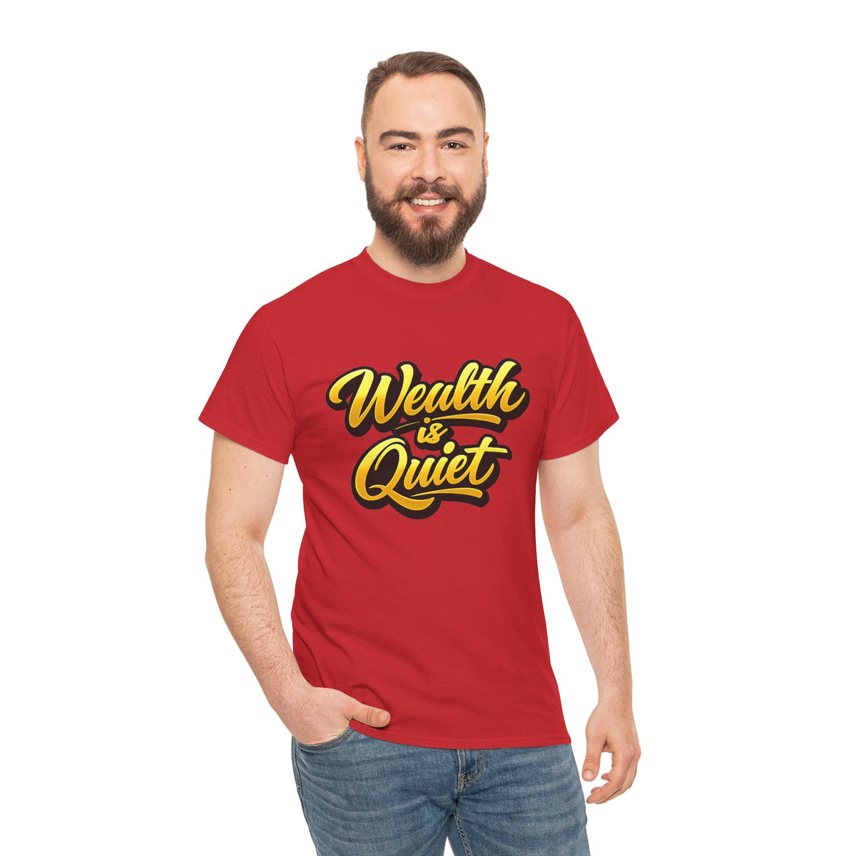 Wealth Is Quiet Graphic Tee — Bold Yellow Script Money Quote T-Shirt