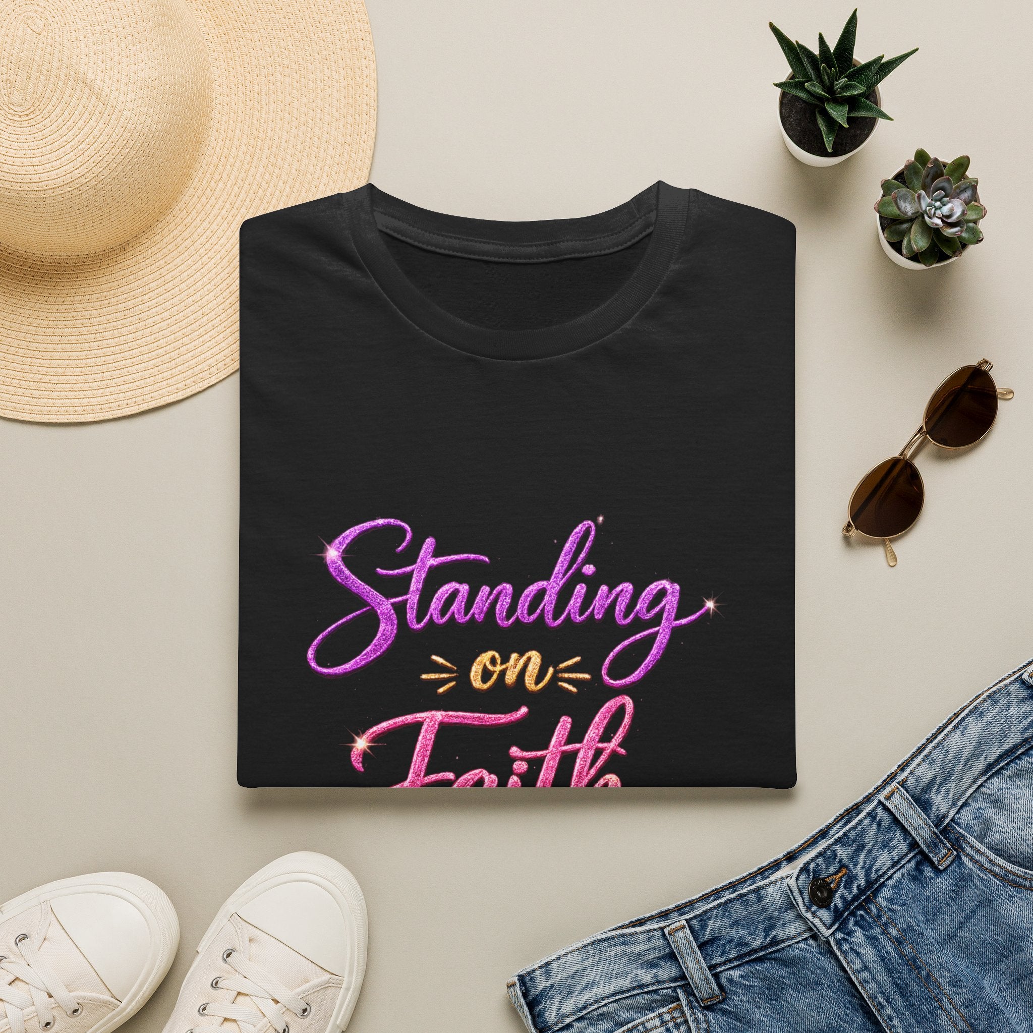 Standing on Faith Faux Glitter Christian Graphic Tee for Women