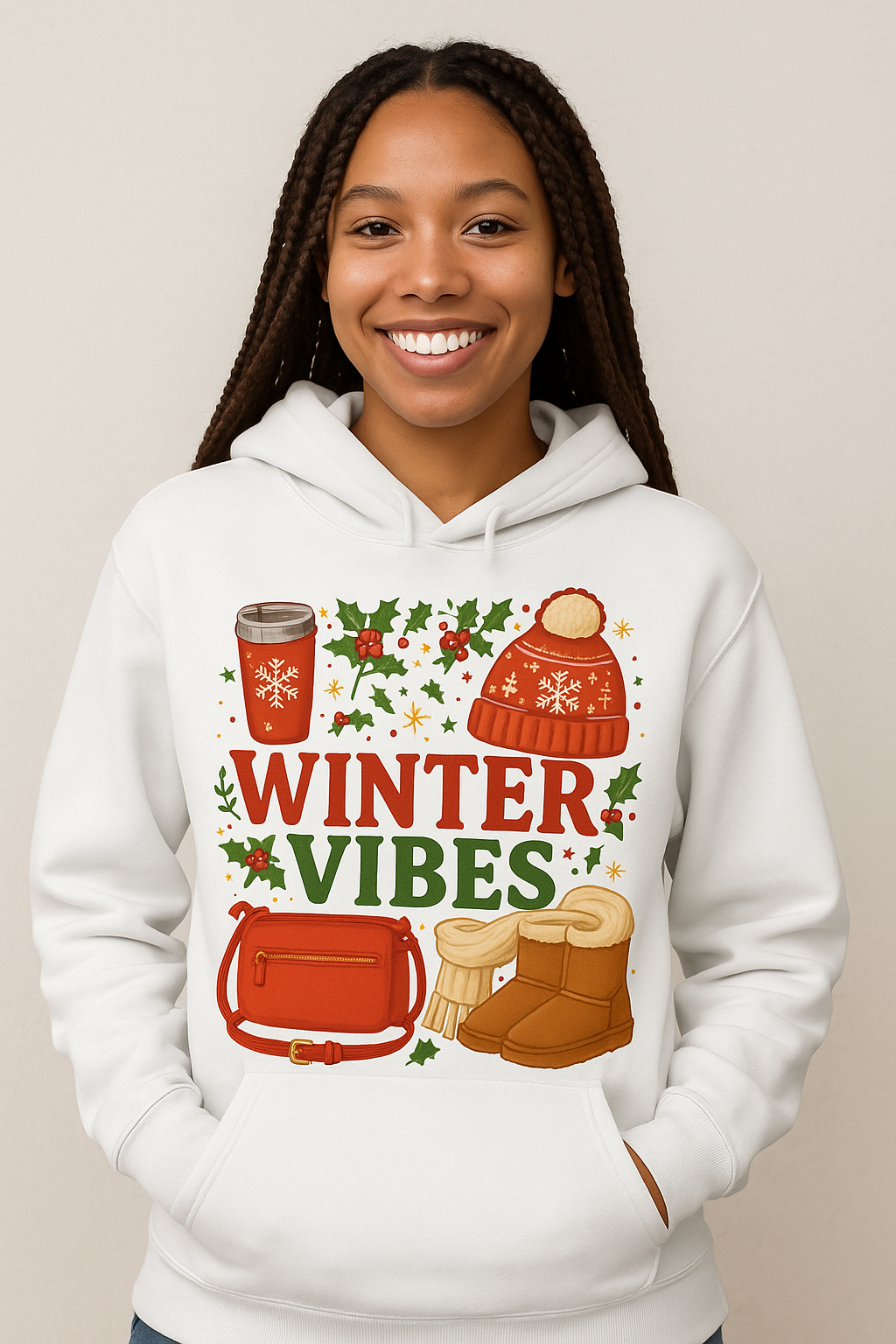 Winter Vibes Hoodie - Cozy Holiday Sweats with Hot Cocoa & Knit Hat Design