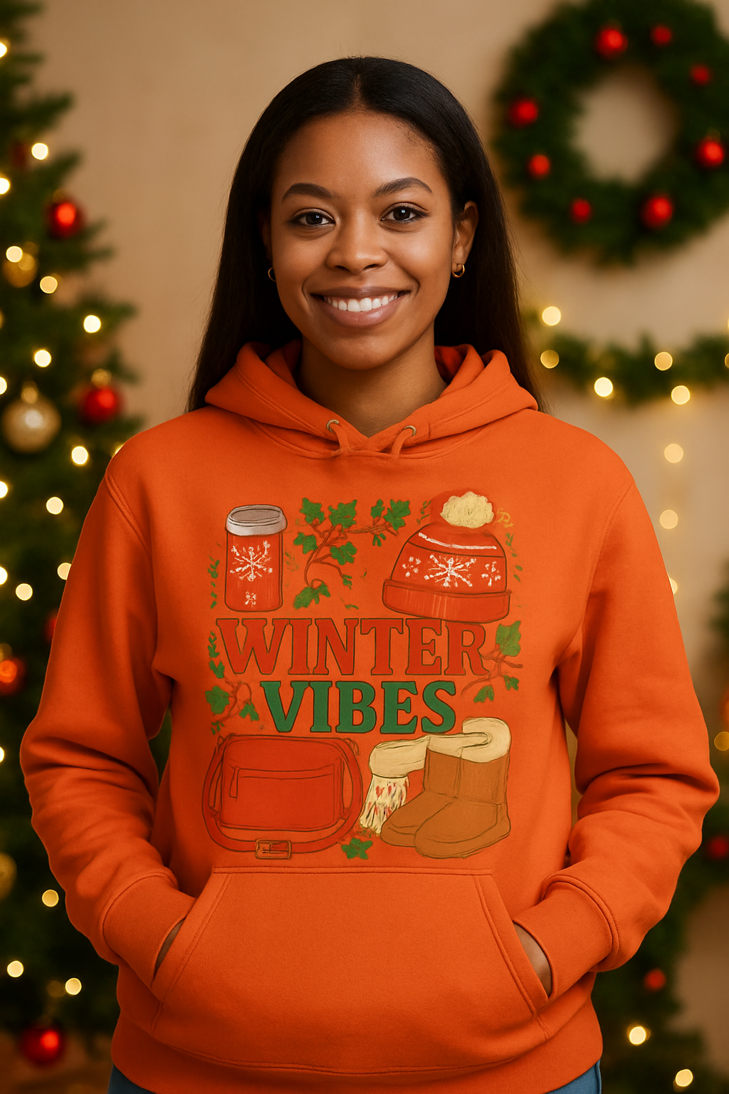 Winter Vibes Hoodie - Cozy Holiday Sweats with Hot Cocoa & Knit Hat Design