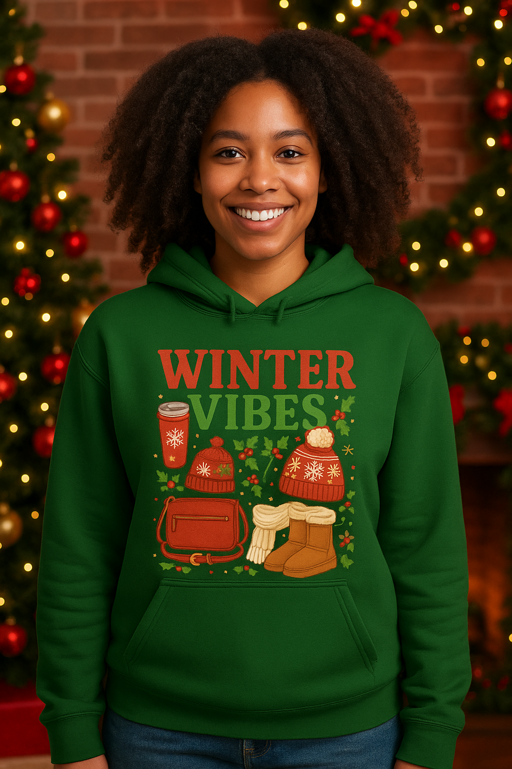 Winter Vibes Hoodie - Cozy Holiday Sweats with Hot Cocoa & Knit Hat Design