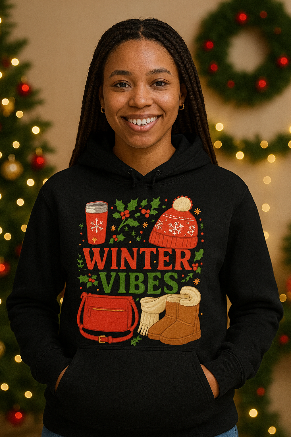 Winter Vibes Hoodie - Cozy Holiday Sweats with Hot Cocoa & Knit Hat Design