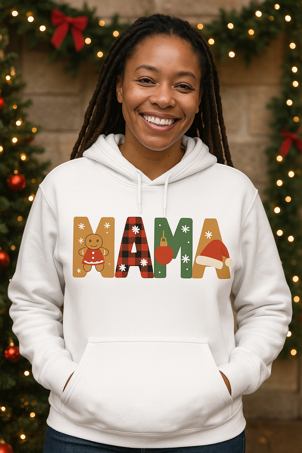 Mama Holiday Hoodie — Festive Patterned "MAMA" Pullover