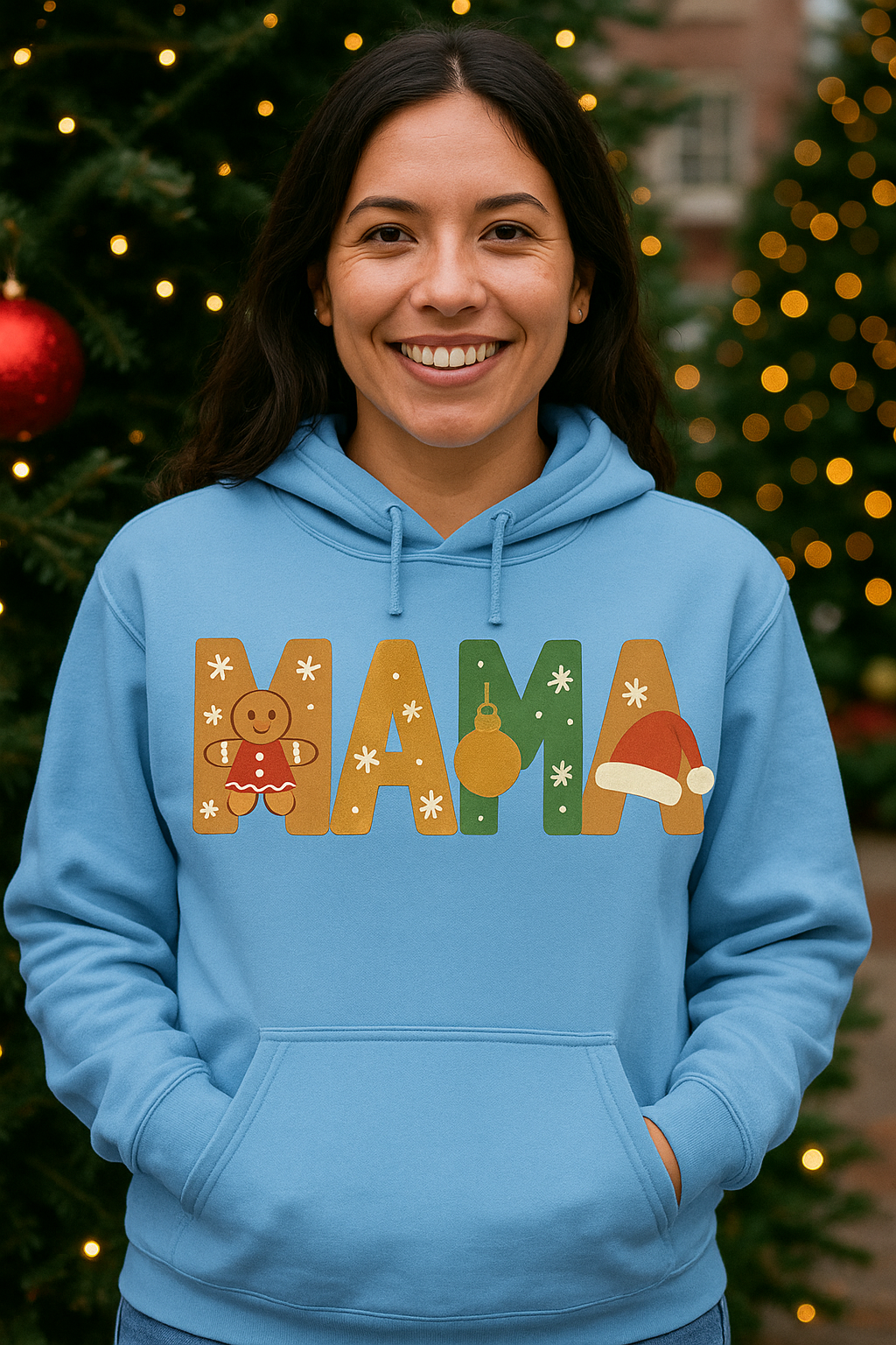 Mama Holiday Hoodie — Festive Patterned "MAMA" Pullover