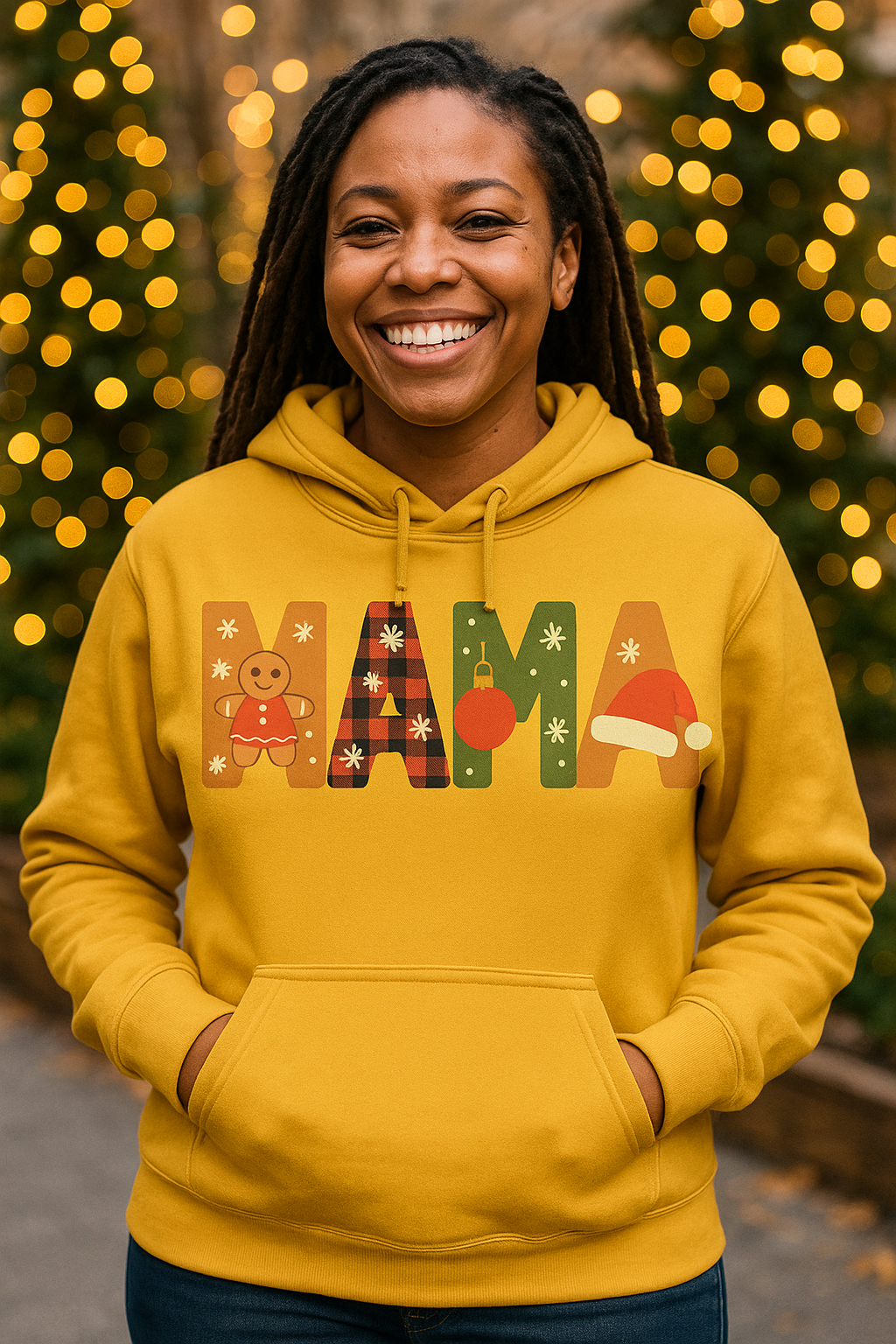 Mama Holiday Hoodie — Festive Patterned "MAMA" Pullover