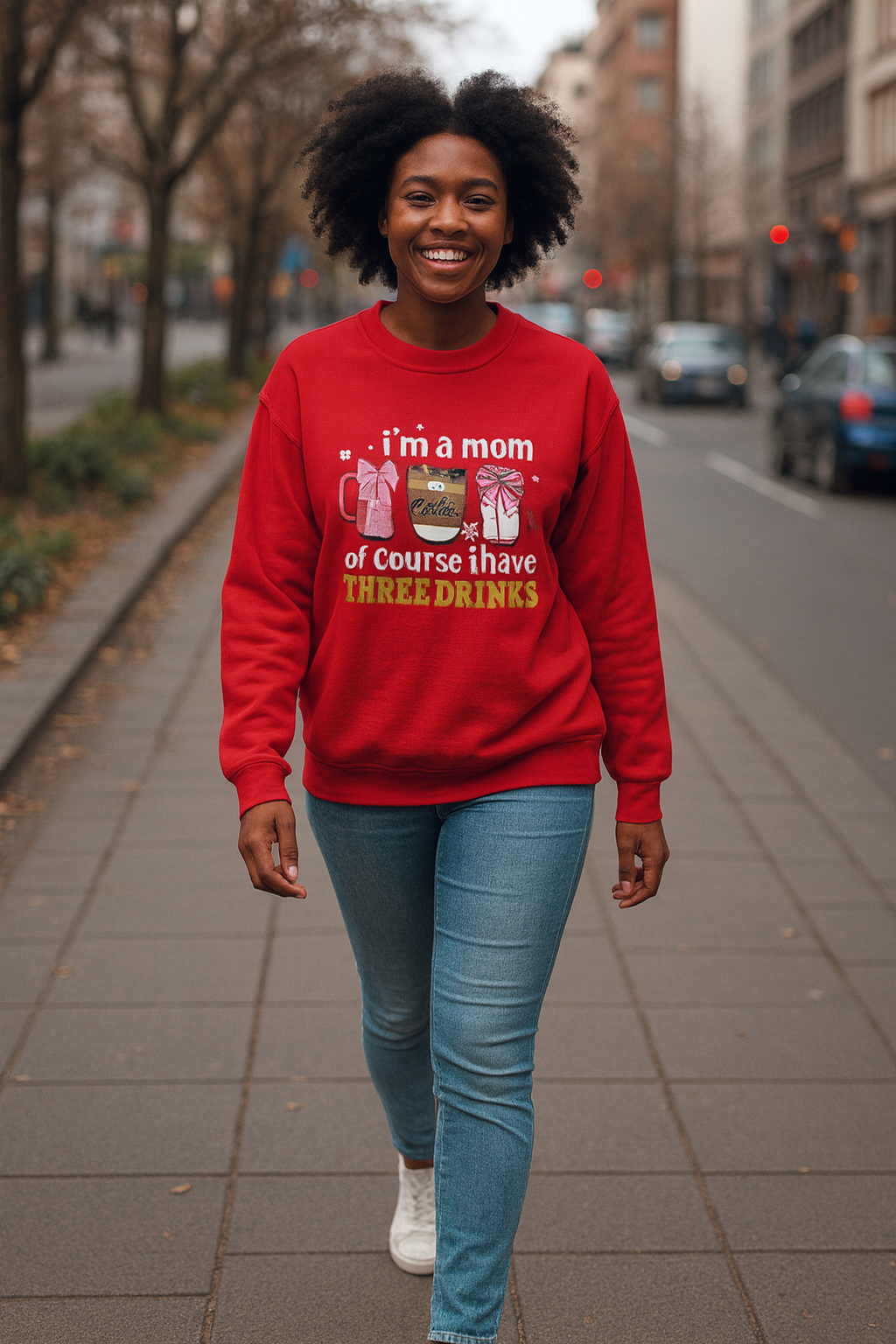 Mom Life Sweatshirt — “Of Course I Have Three Drinks” Cozy Crewneck