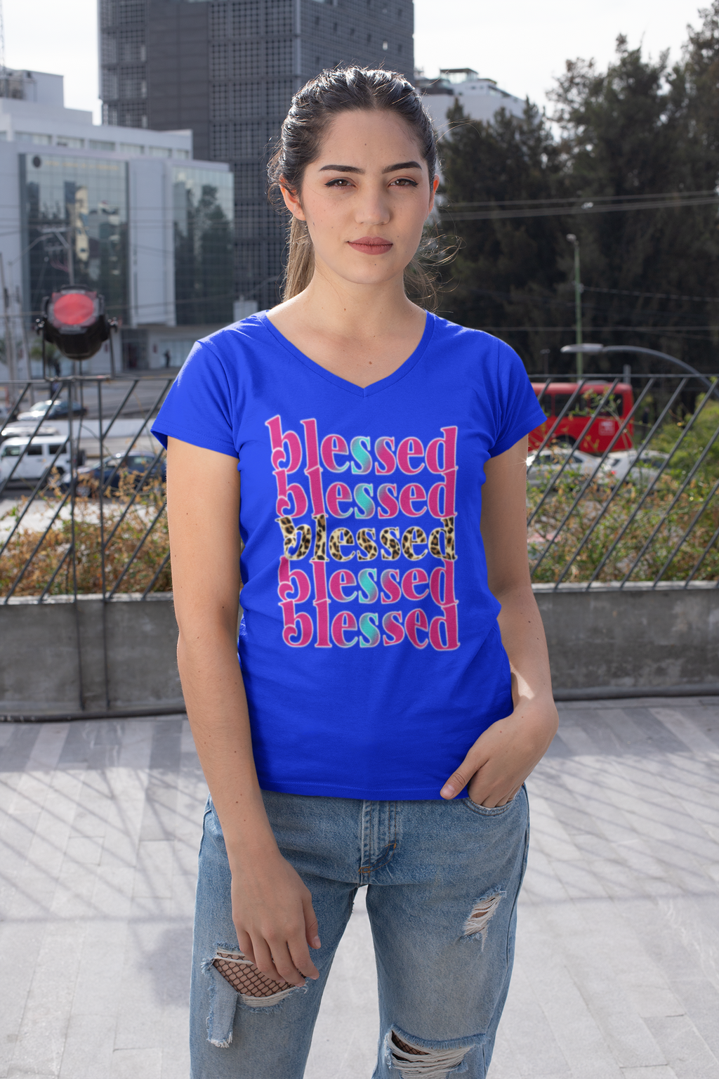 Blessed Ladies' V-Neck T-Shirt — 'Blessed' Faith-Based Women's Tee