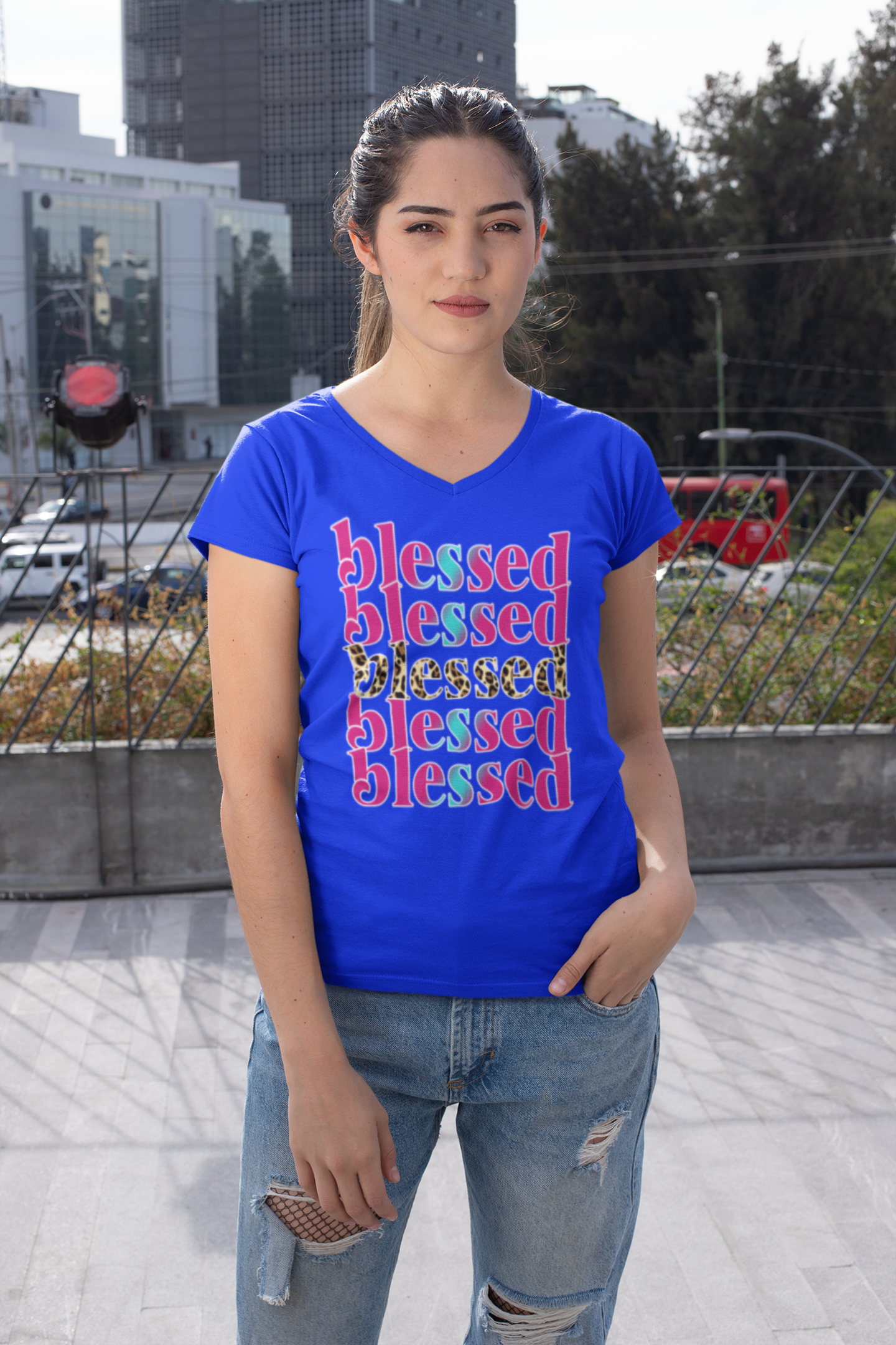 Blessed Ladies' V-Neck T-Shirt — 'Blessed' Faith-Based Women's Tee