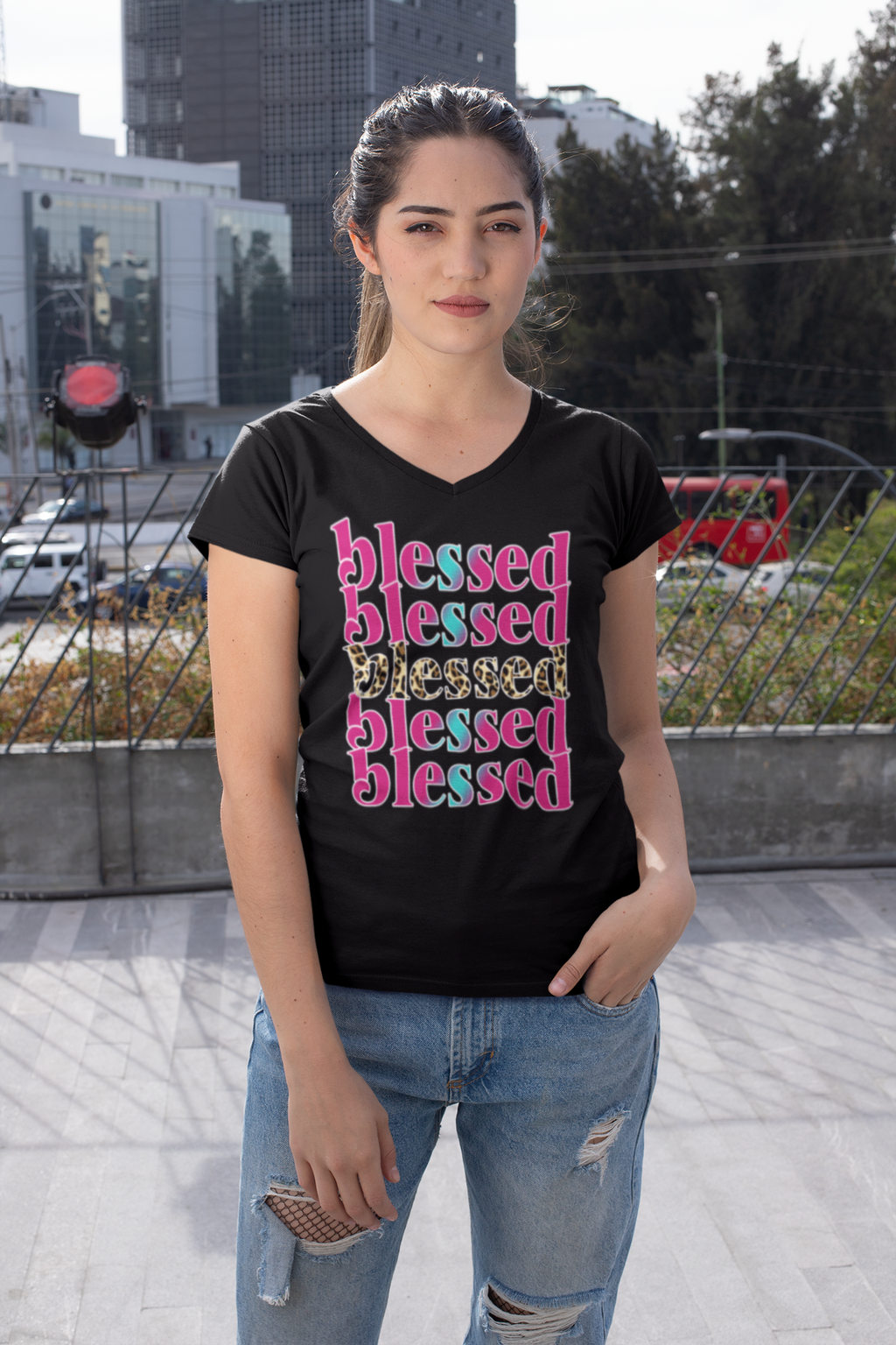 Blessed Ladies' V-Neck T-Shirt — 'Blessed' Faith-Based Women's Tee