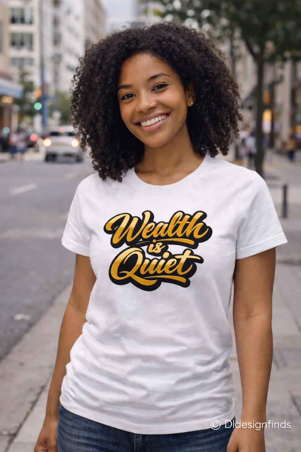 Wealth Is Quiet Graphic Tee — Bold Yellow Script Money Quote T-Shirt