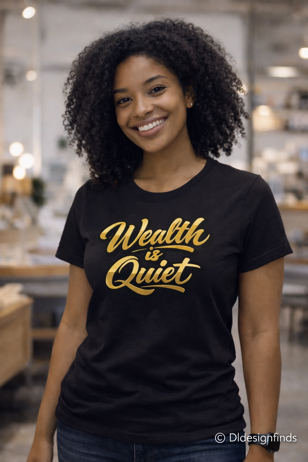 Wealth Is Quiet Graphic Tee — Bold Yellow Script Money Quote T-Shirt