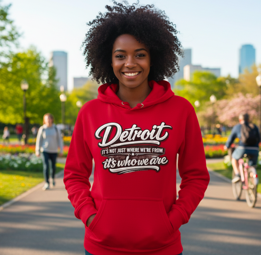 Detroit Script Hoodie — "Detroit: It's Just Where We're From, It's Who We Are"