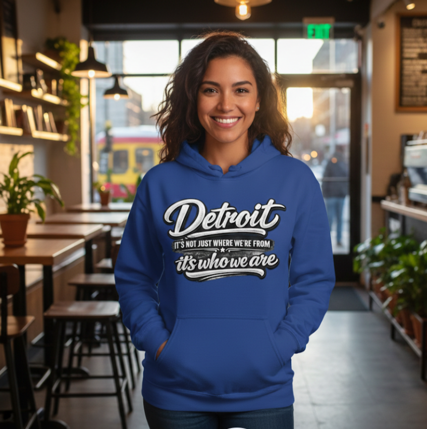 Detroit Script Hoodie — "Detroit: It's Just Where We're From, It's Who We Are"