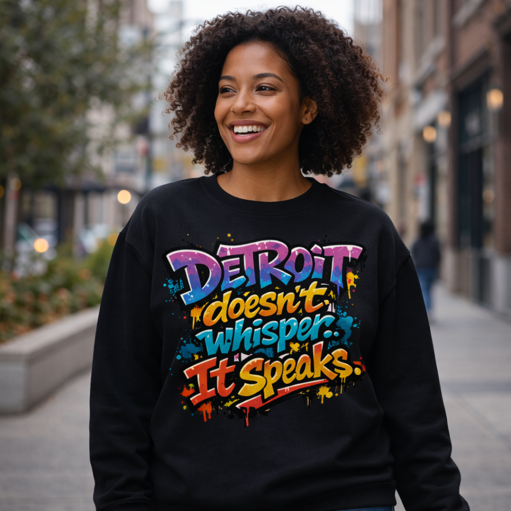 Detroit Graffiti Crewneck Sweatshirt — "Detroit Doesn't Whisper, It Speaks"