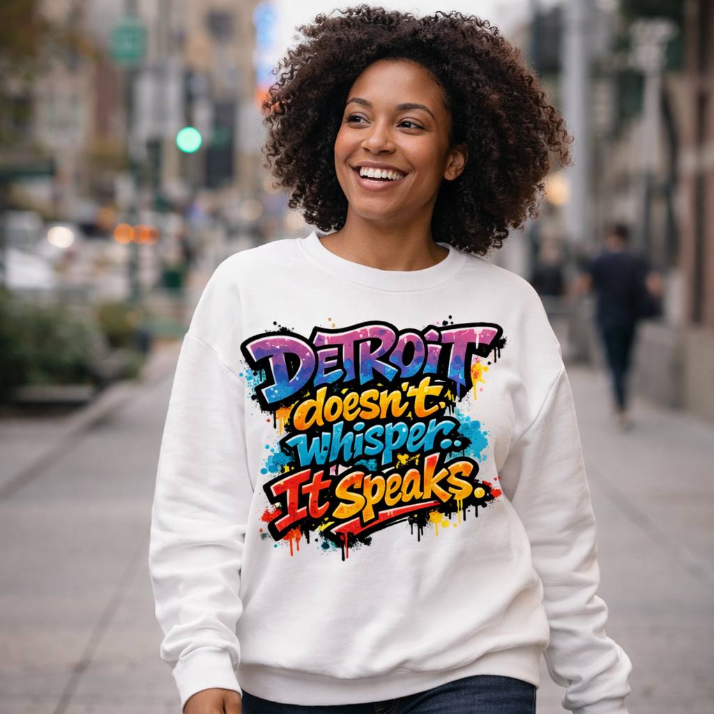 Detroit Graffiti Crewneck Sweatshirt — "Detroit Doesn't Whisper, It Speaks"