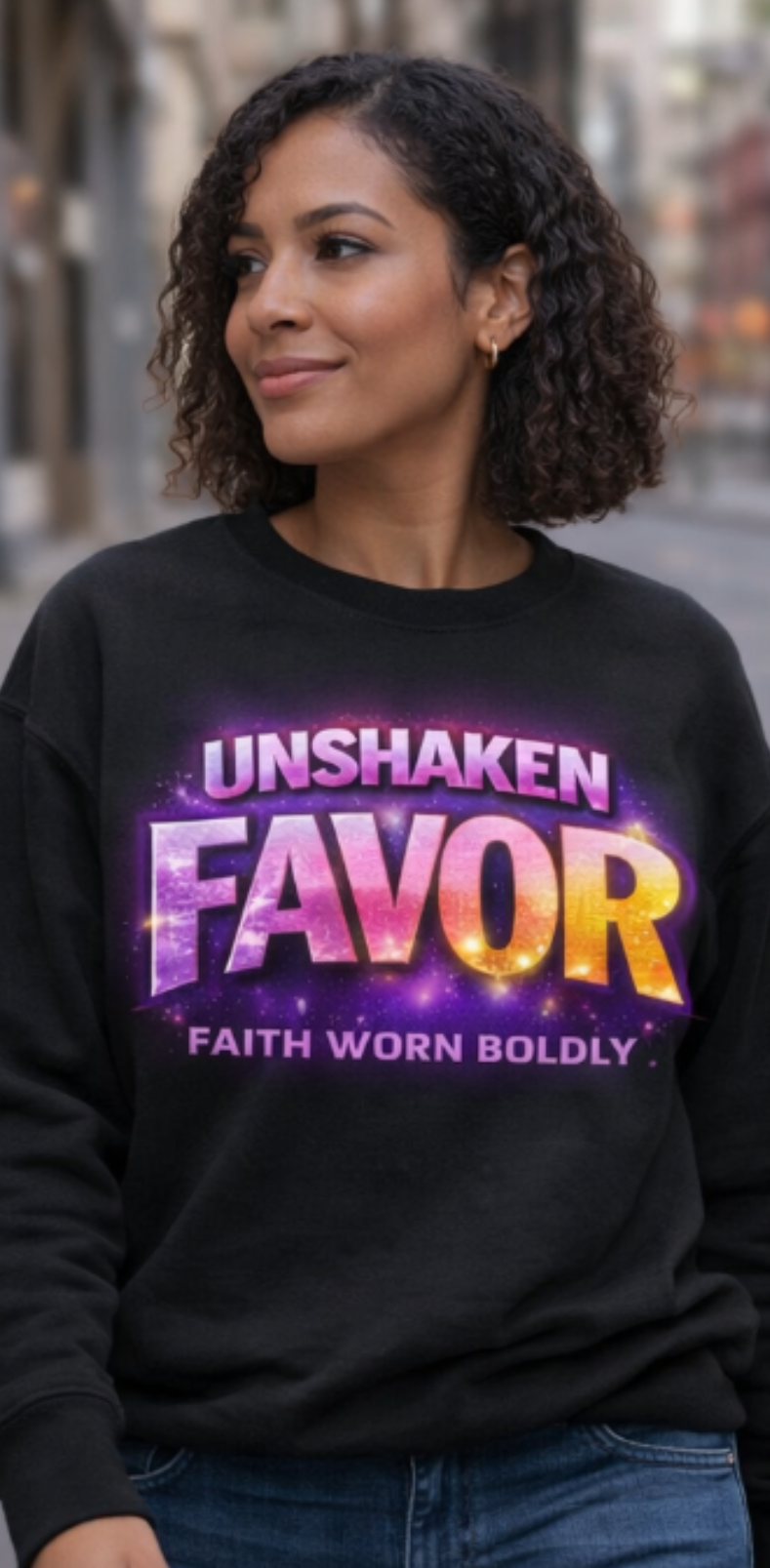 Unshaken Favor Crewneck Sweatshirt — Faith Worn Boldly Graphic Crew